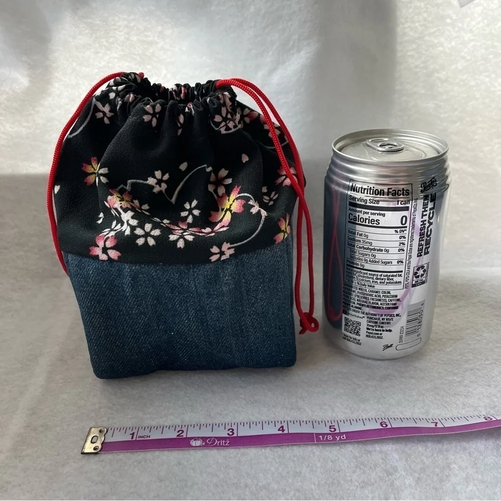 CHERRY BLOSSOM Drawstring Cosmetic Bag Denim Blue Pink Sakura